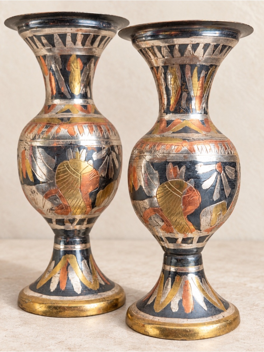 Vintage Hosny Gomaa Egyptian Handcrafted Mixed-Metal candle stick holders – Pair
